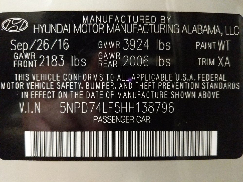 2017 Hyundai Elantra - VIN Plate