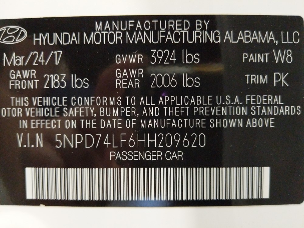 2017 Hyundai Elantra - VIN Plate