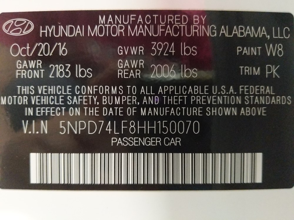 2017 Hyundai Elantra - VIN Plate