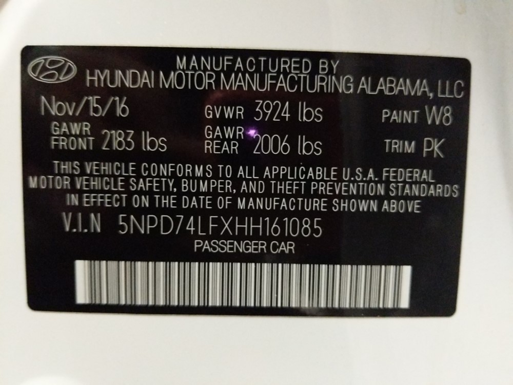 2017 Hyundai Elantra - VIN Plate