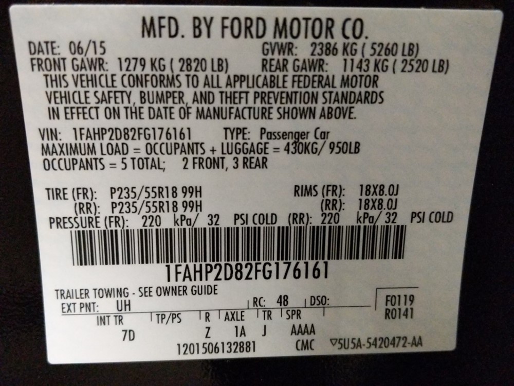 2015 Ford Taurus - VIN Plate