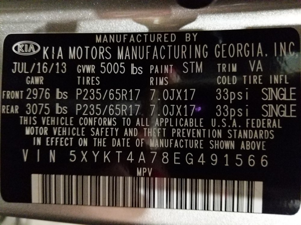 2014 Kia Sorento - VIN Plate