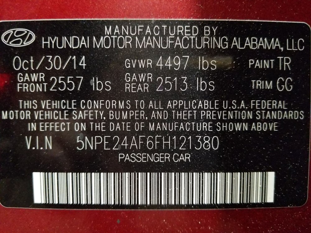 2015 Hyundai Sonata - VIN Plate