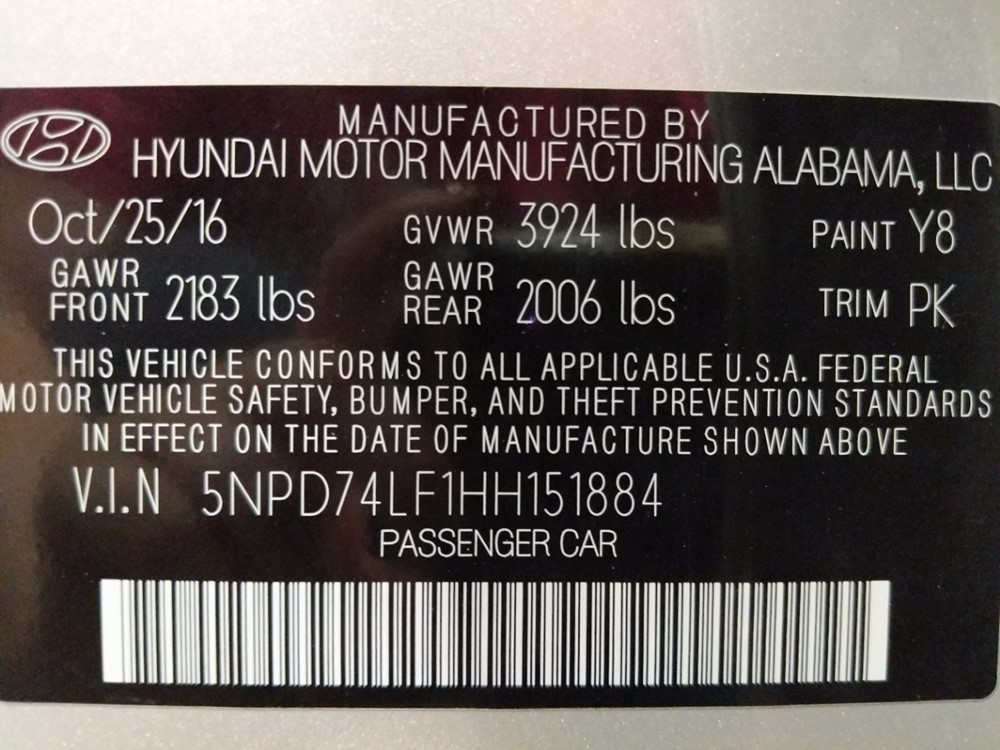 2017 Hyundai Elantra - VIN Plate