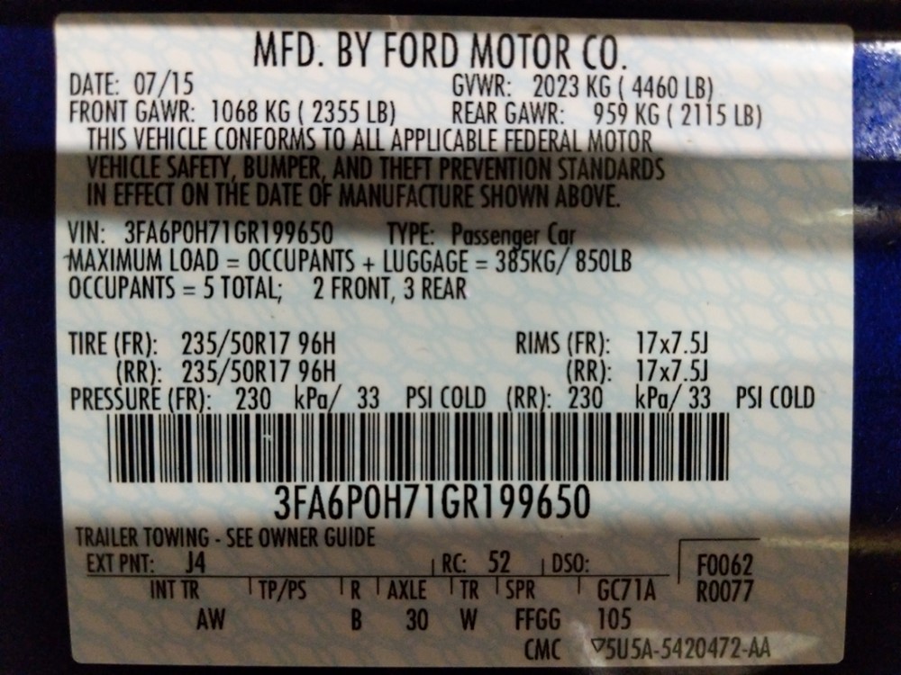 2016 Ford Fusion - VIN Plate