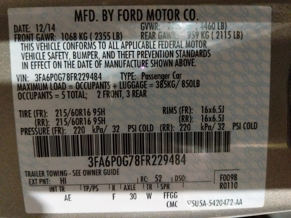 2015 Ford Fusion - VIN Plate
