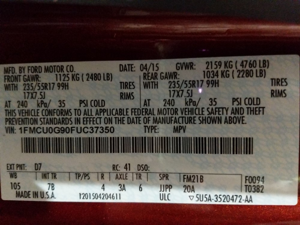 2015 Ford Escape - VIN Plate