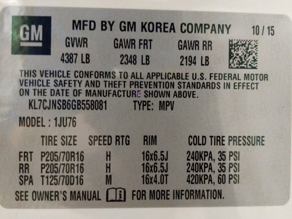 2016 Chevrolet Trax - VIN Plate