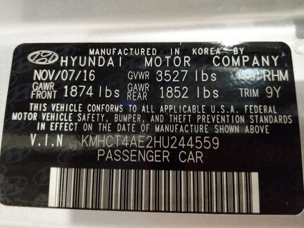 2017 Hyundai Accent - VIN Plate