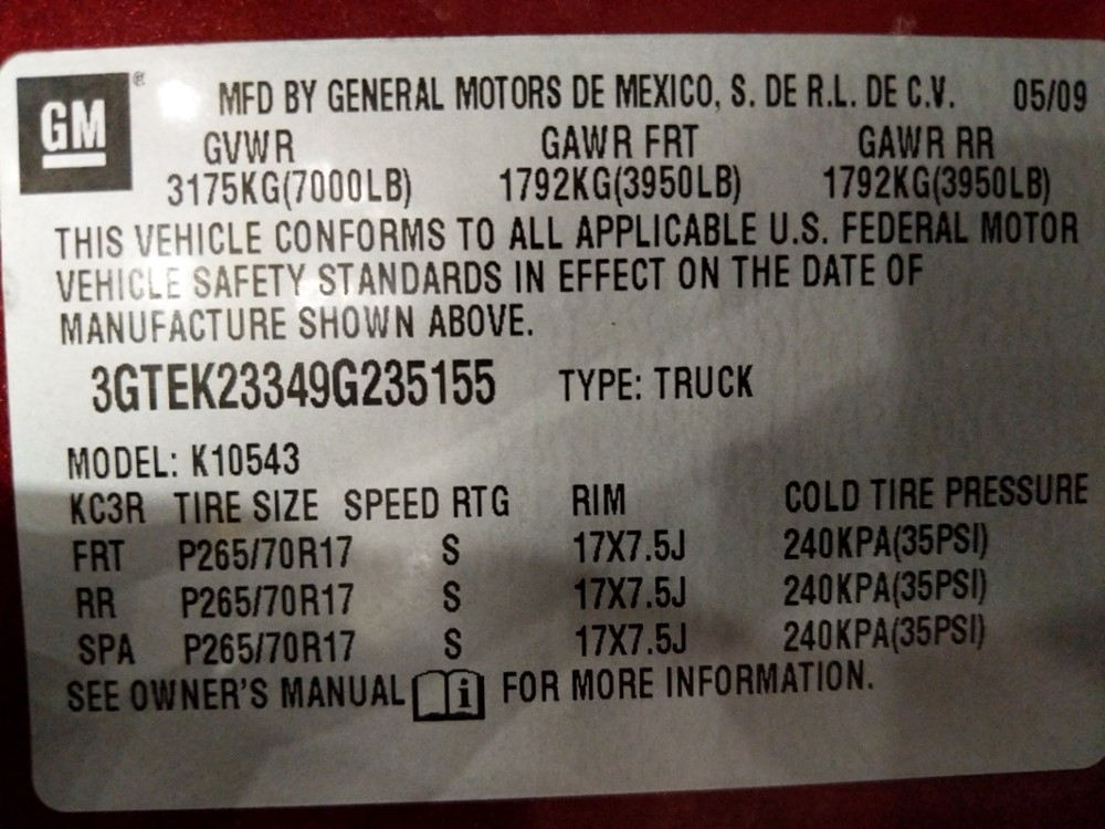 2009 GMC Sierra 1500 - VIN Plate