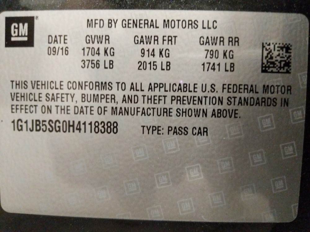 2017 Chevrolet Sonic - VIN Plate