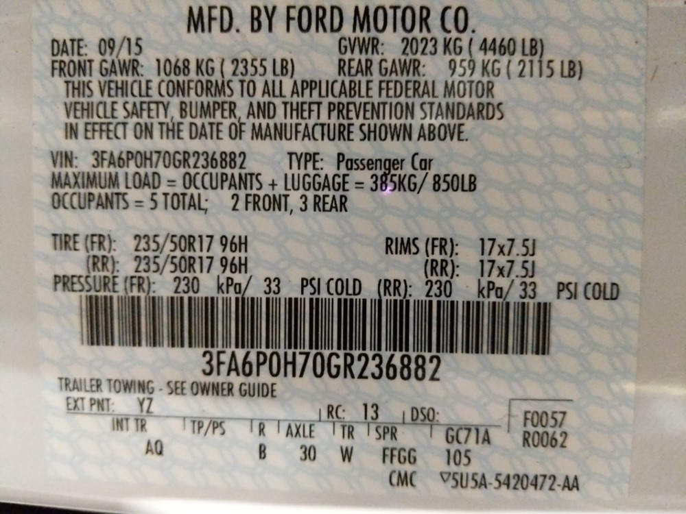 2016 Ford Fusion - VIN Plate