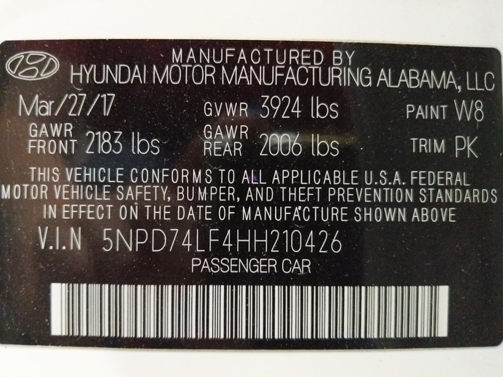2017 Hyundai Elantra - VIN Plate