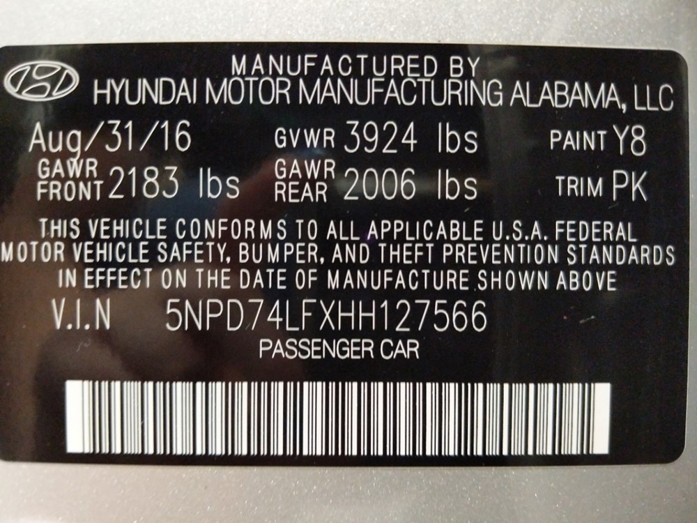2017 Hyundai Elantra - VIN Plate