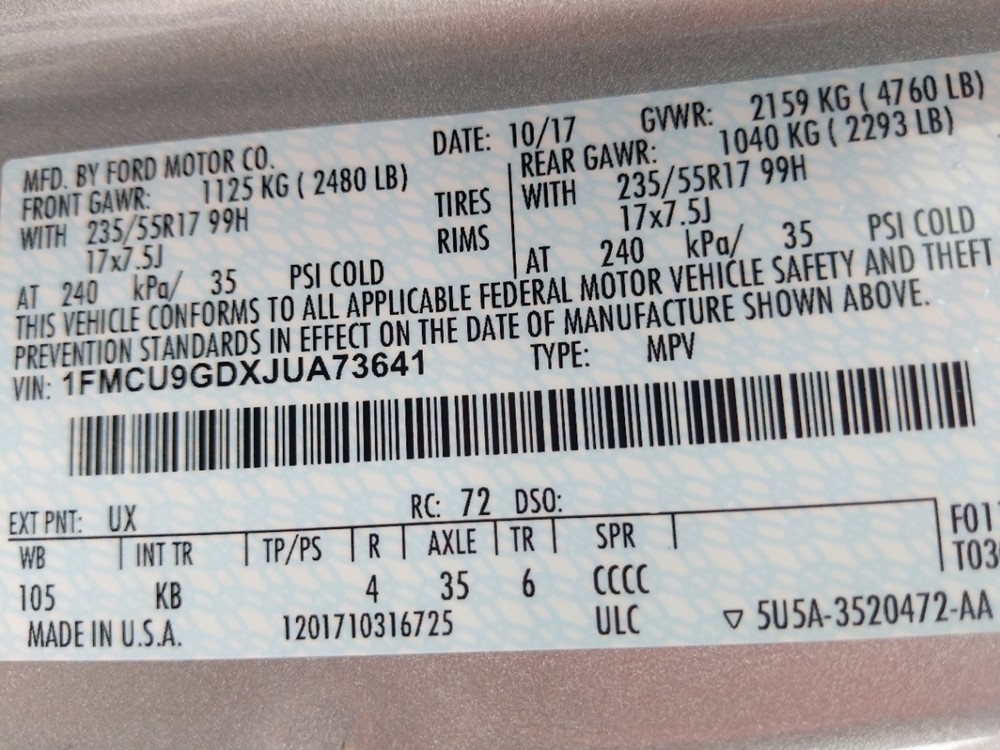 2018 Ford Escape - VIN Plate