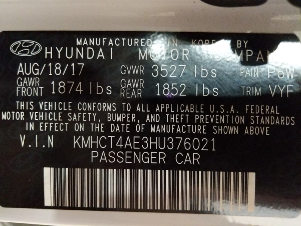 2017 Hyundai Accent - VIN Plate
