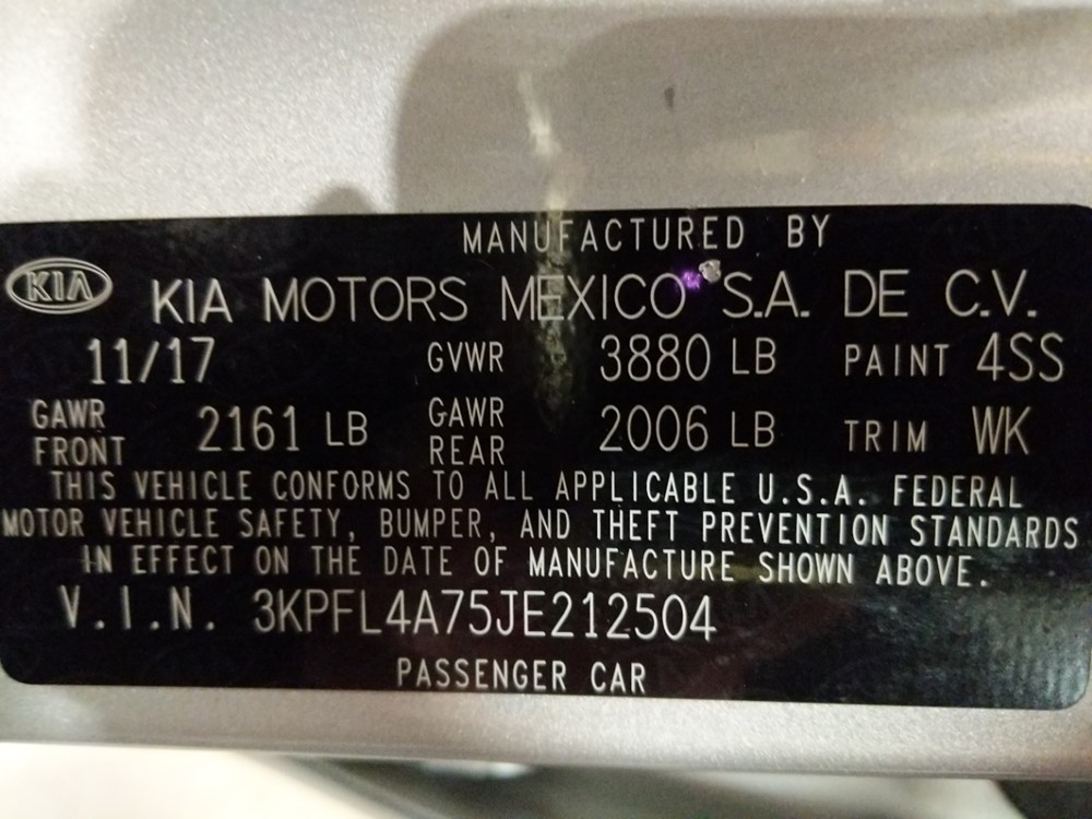 2018 Kia Forte - VIN Plate