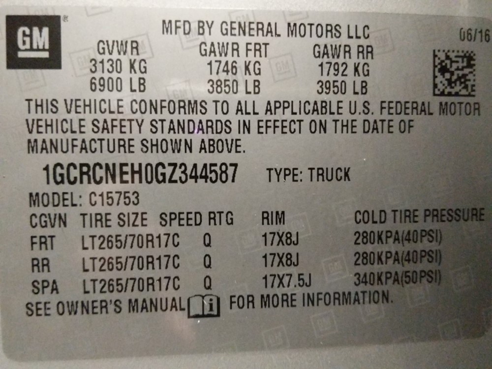 2016 Chevrolet Silverado 1500 - VIN Plate