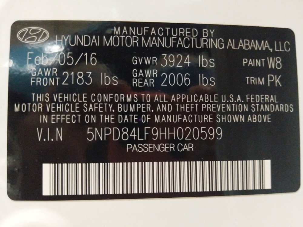 2017 Hyundai Elantra - VIN Plate