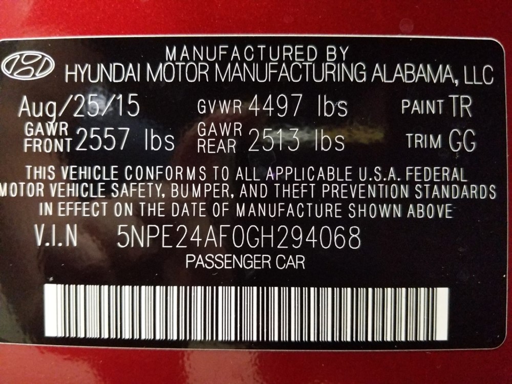2016 Hyundai Sonata - VIN Plate