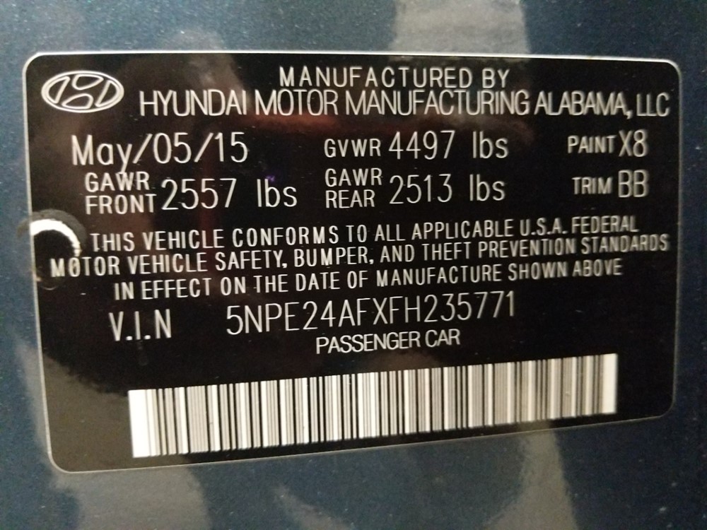 2015 Hyundai Sonata - VIN Plate