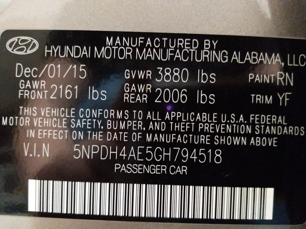 2016 Hyundai Elantra - VIN Plate