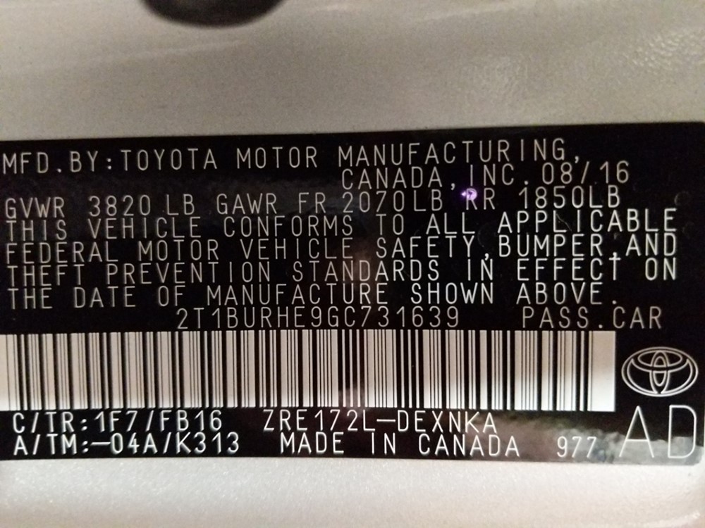 2016 Toyota Corolla - VIN Plate