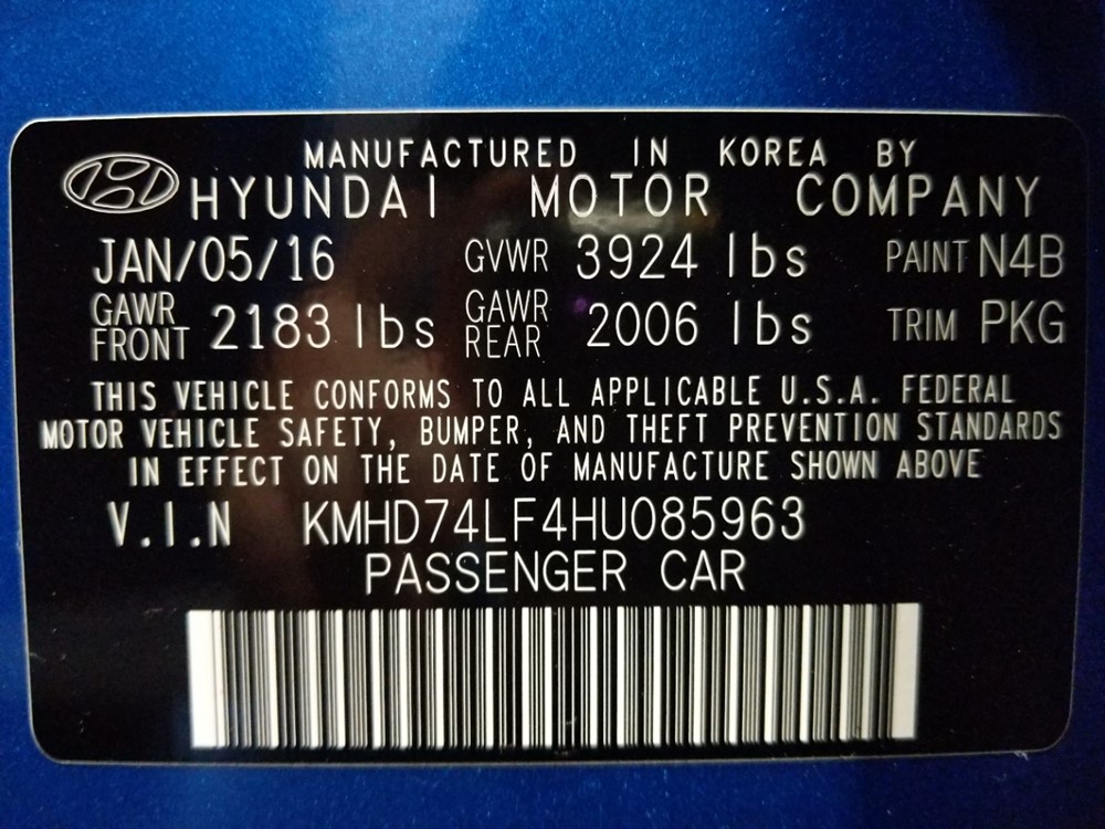 2017 Hyundai Elantra - VIN Plate