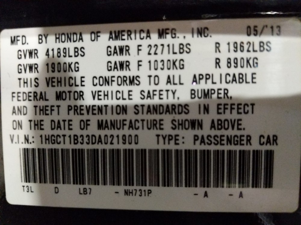 2013 Honda Accord - VIN Plate