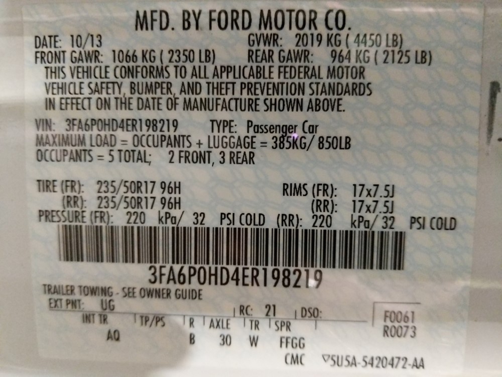 2014 Ford Fusion - VIN Plate
