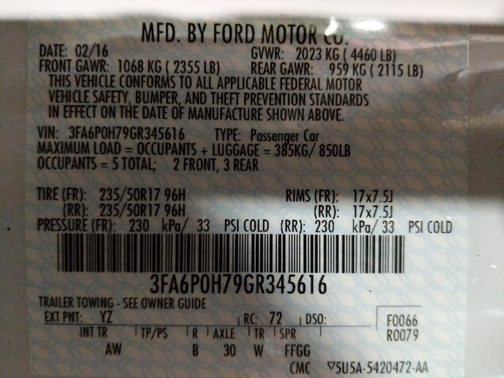 2016 Ford Fusion - VIN Plate