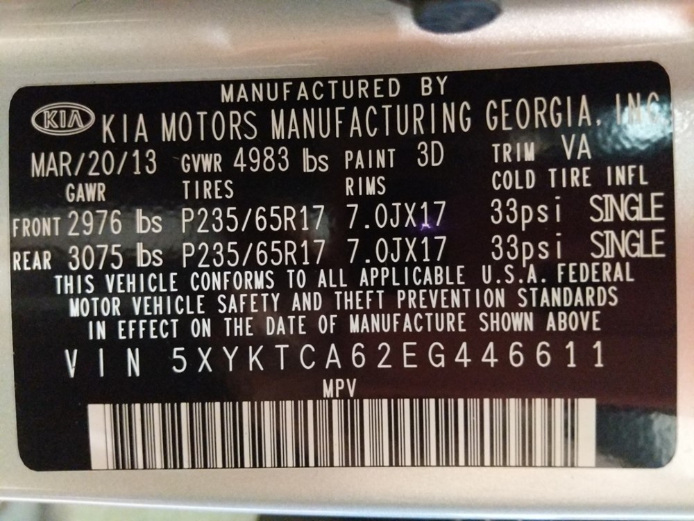 2014 Kia Sorento - VIN Plate