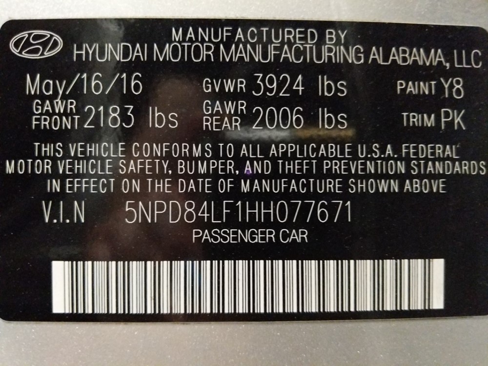 2017 Hyundai Elantra - VIN Plate