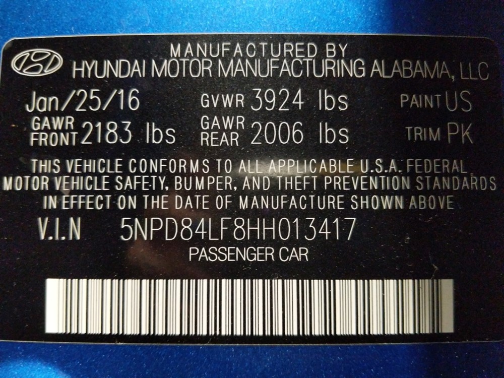 2017 Hyundai Elantra - VIN Plate