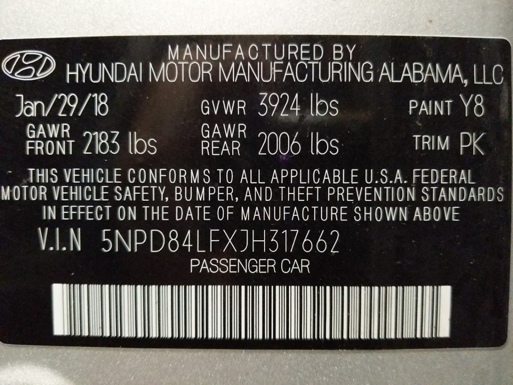 2018 Hyundai Elantra - VIN Plate