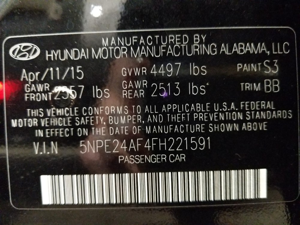 2015 Hyundai Sonata - VIN Plate