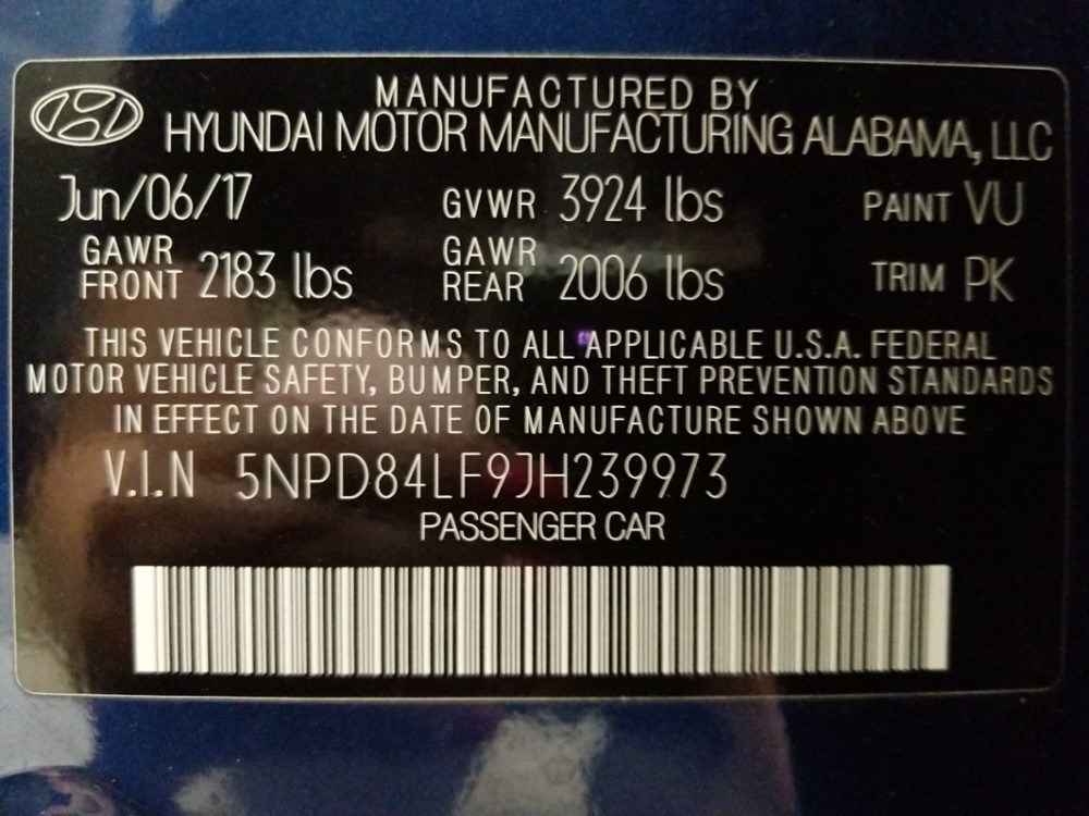 2018 Hyundai Elantra - VIN Plate