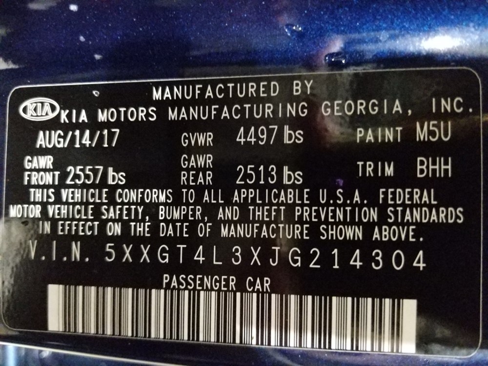 2018 Kia Optima - VIN Plate