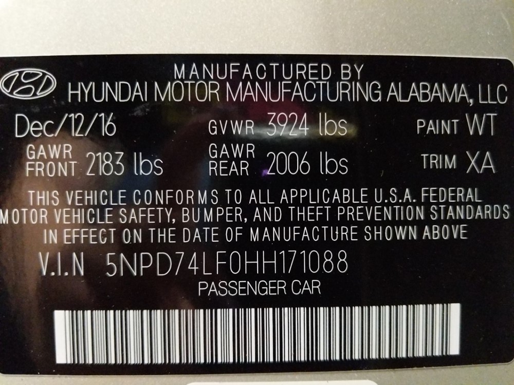 2017 Hyundai Elantra - VIN Plate