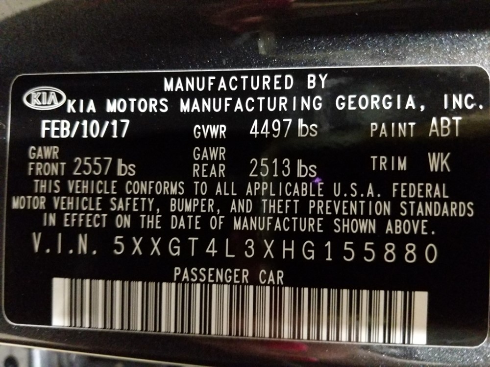 2017 Kia Optima - VIN Plate