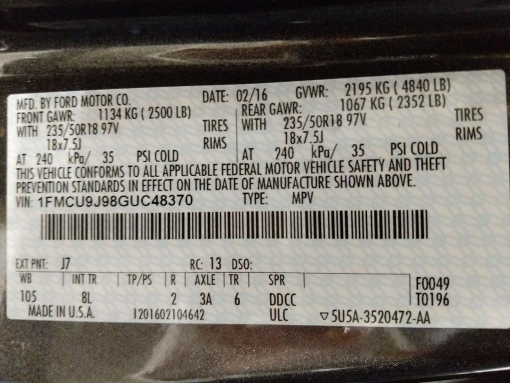 2016 Ford Escape - VIN Plate