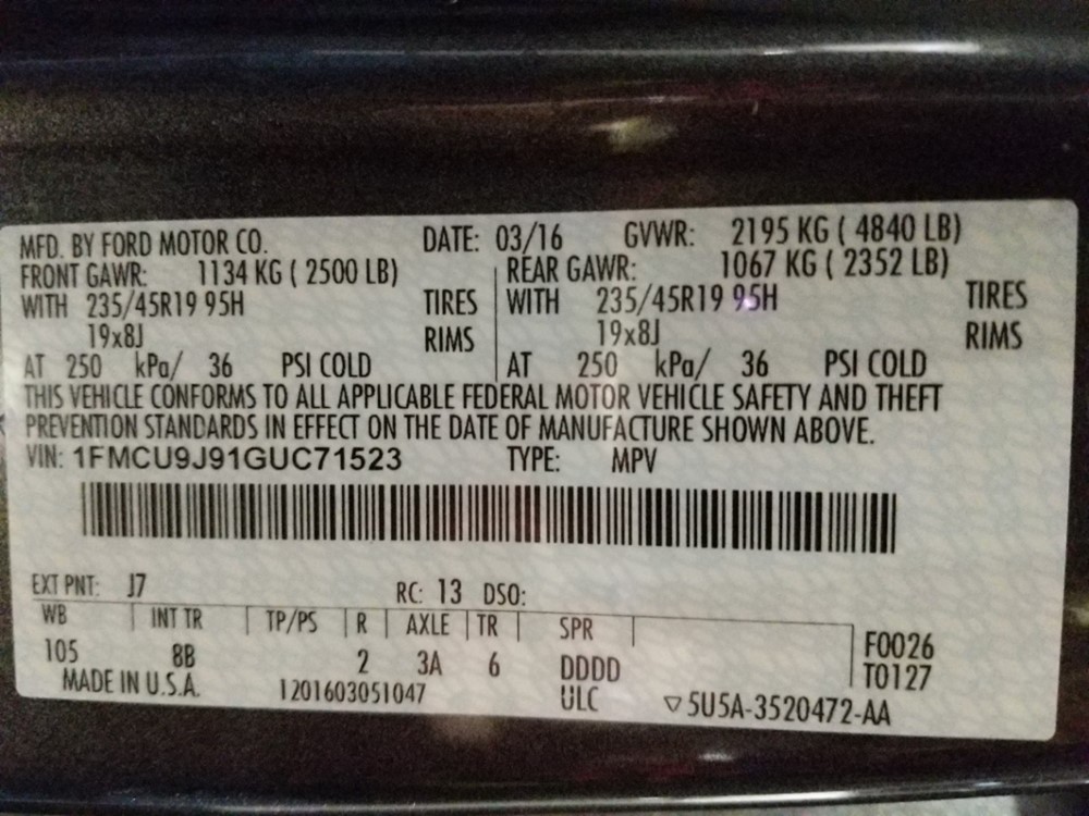 2016 Ford Escape - VIN Plate