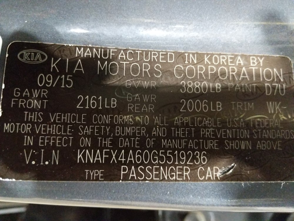 2016 Kia Forte - VIN Plate