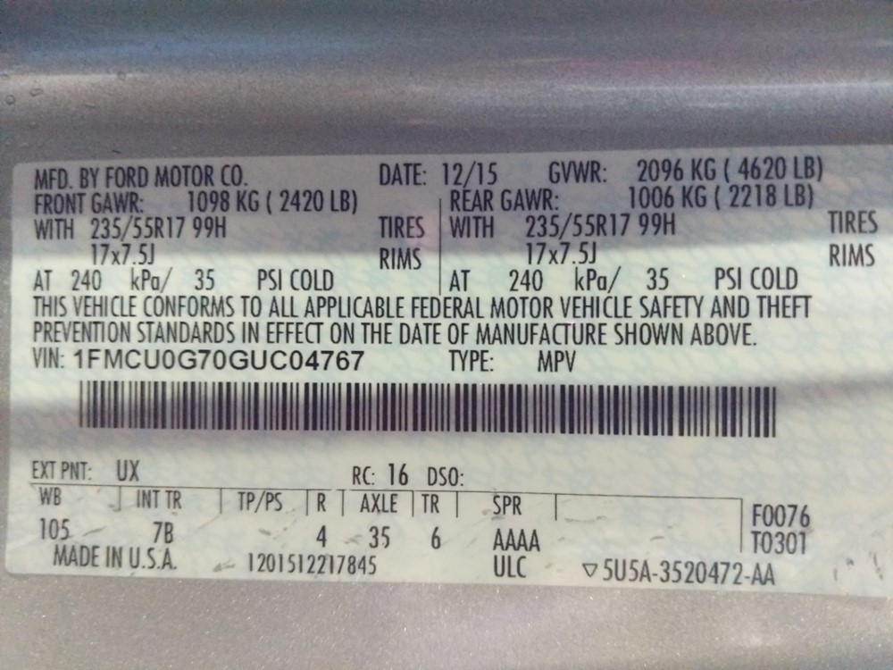 2016 Ford Escape - VIN Plate