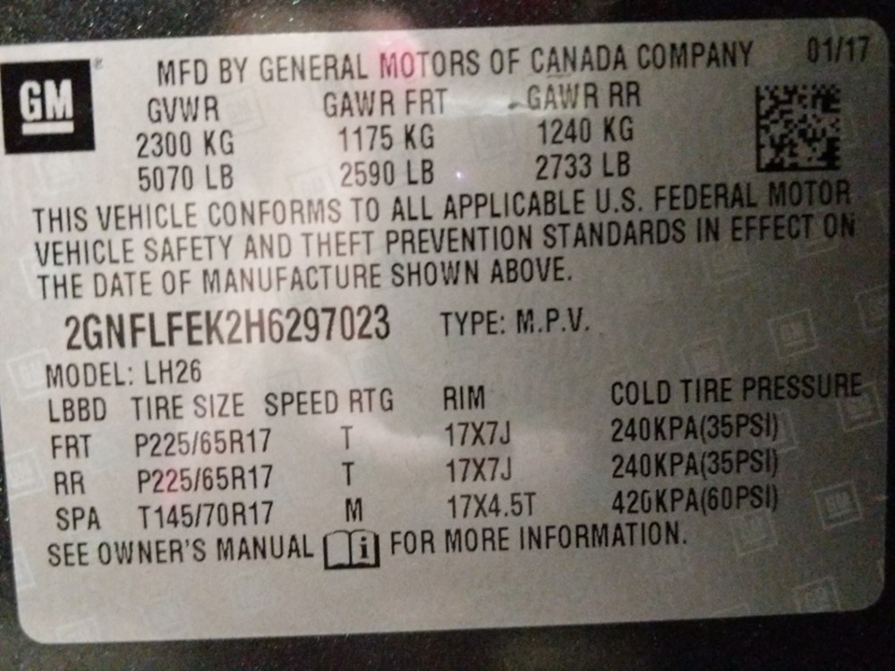2017 Chevrolet Equinox - VIN Plate