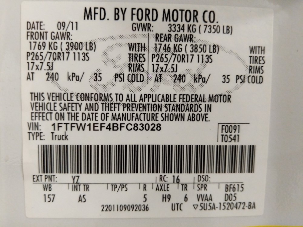2011 Ford F-150 - VIN Plate
