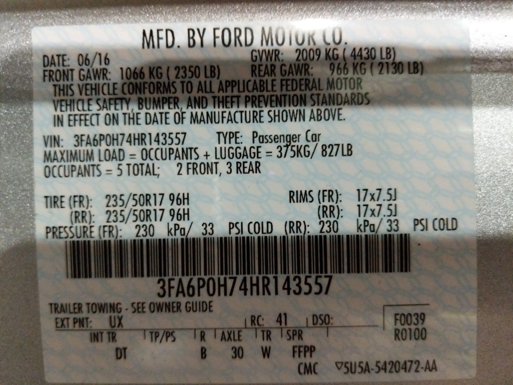 2017 Ford Fusion - VIN Plate