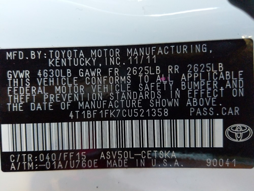 2012 Toyota Camry - VIN Plate
