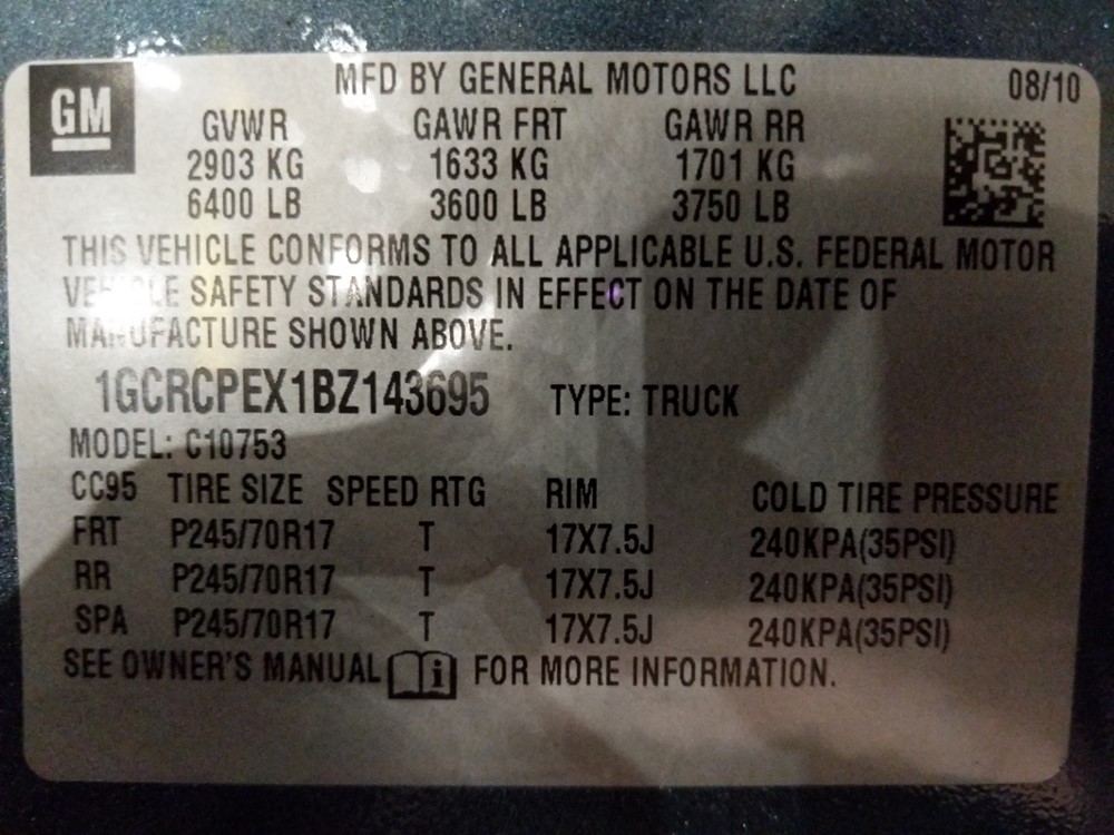 2011 Chevrolet Silverado 1500 - VIN Plate