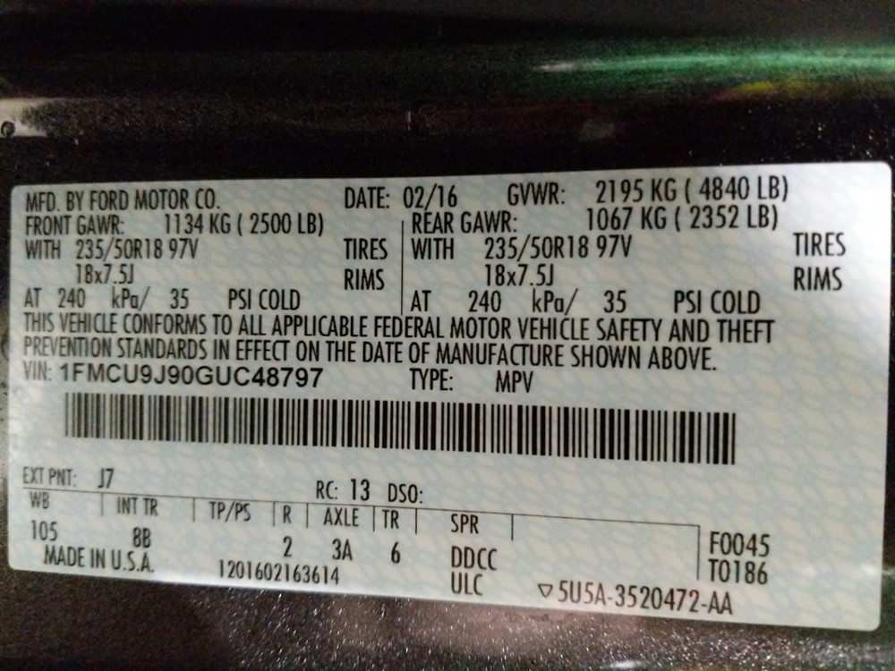 2016 Ford Escape - VIN Plate